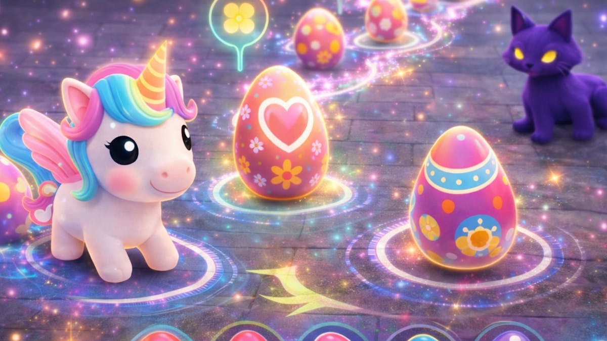 An AR unicorn leads a sparkling trail of enchanted eggs across a stone floor.