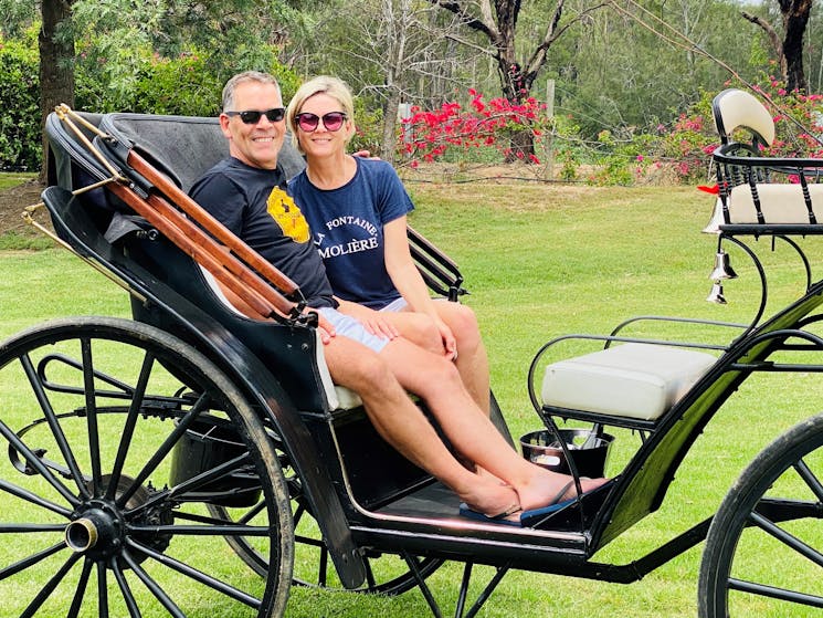 A couple enjoying a romantic carriage wine tour