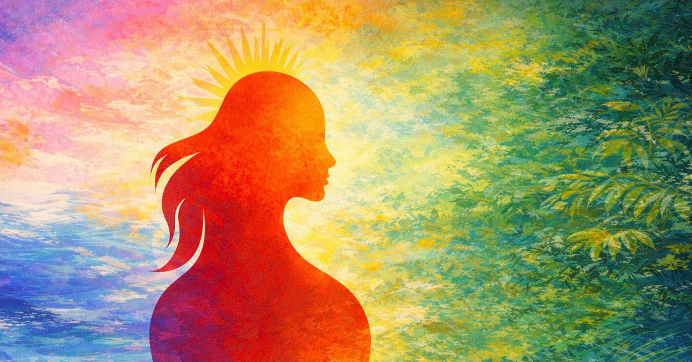 The silhouette of a woman, her hair waving in the wind with sun beans and colours coming off her.