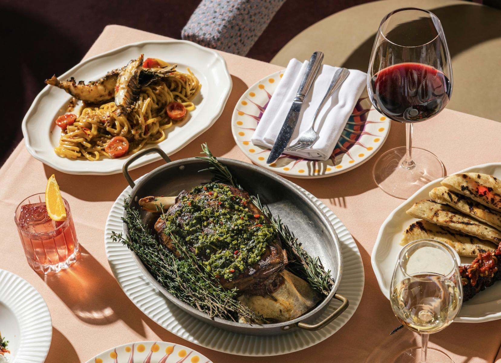 food and wine on a table at Akti Greek Restaurant Woolloomooloo Sydney