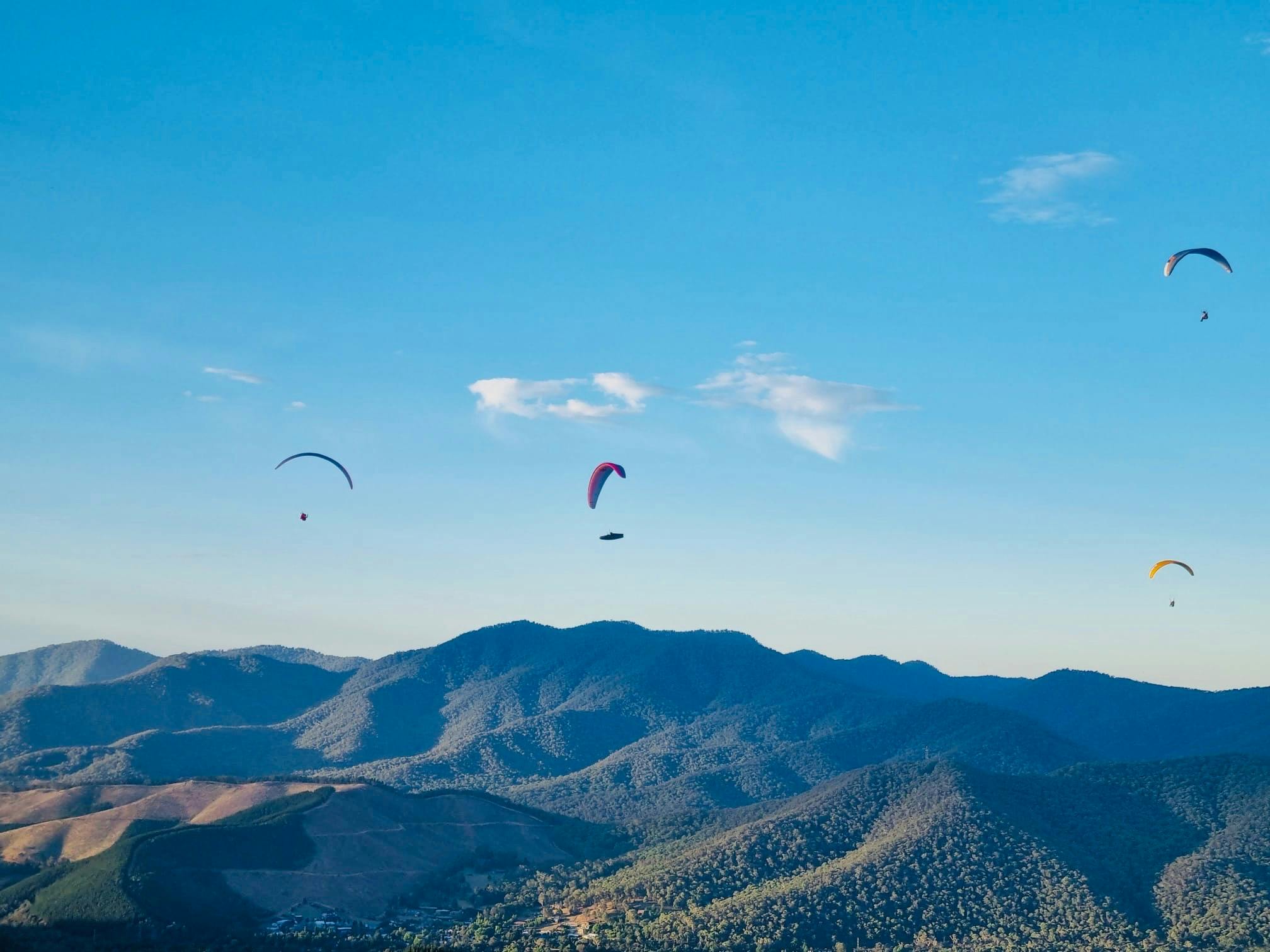 Multiple paragliders are floating above Bright's mountains