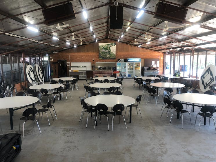 Large dining or meeting hall with tabled seating of 180 or function seating for 300