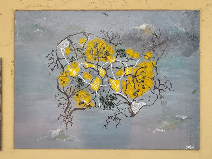 Bright Yellow wattle flowers in paining with small crickets