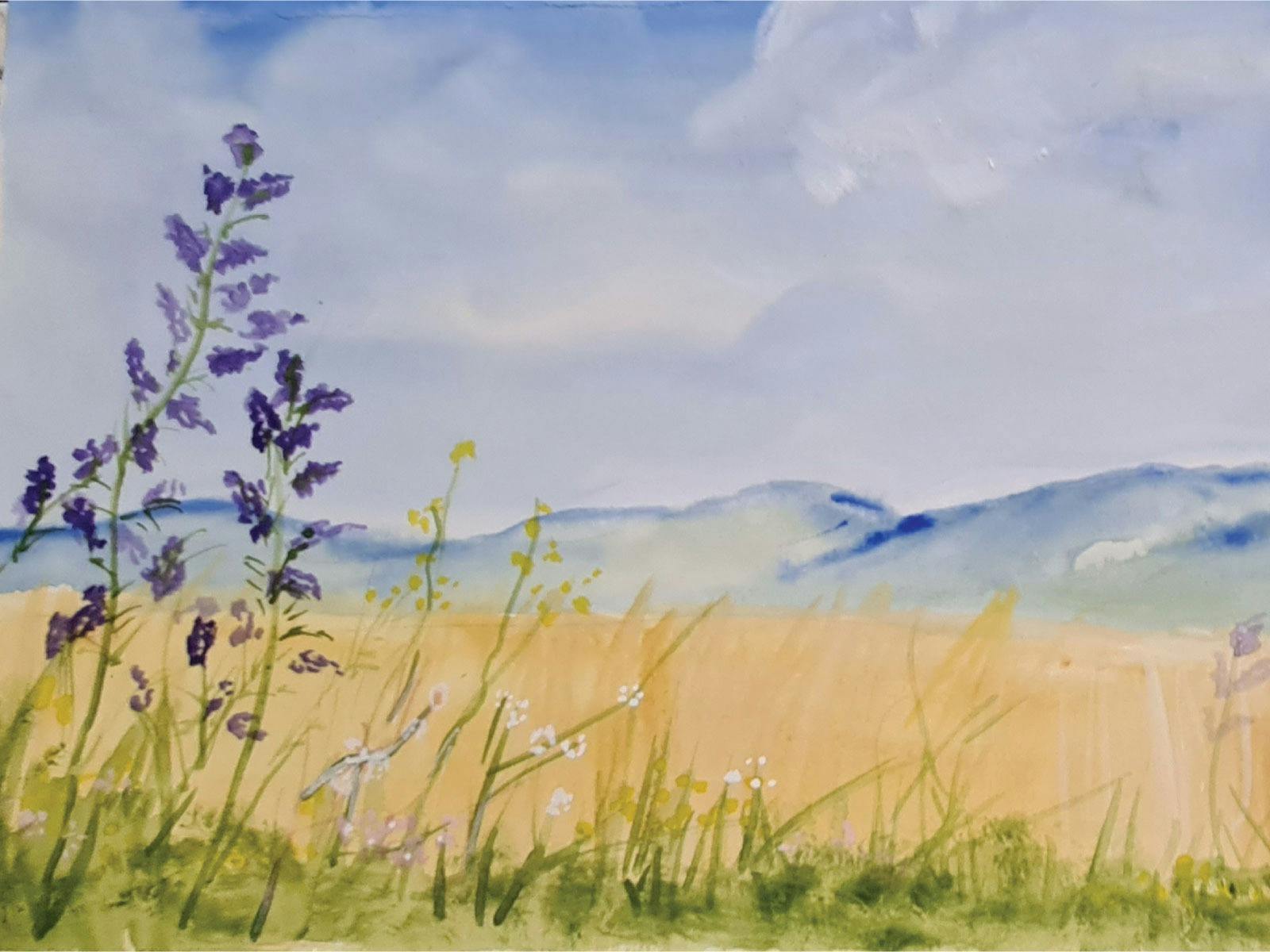 watercolour landscape featuring a mountain range,  wild flowers and grass in pastel colours