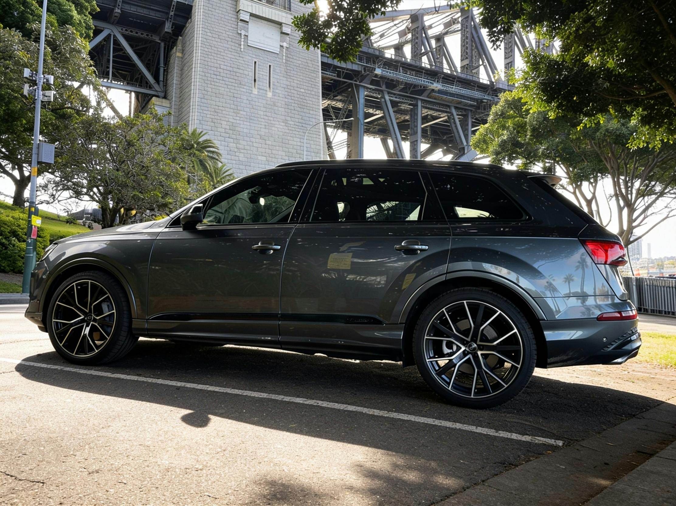 udi Q7 luxury chauffeur SUV parked near Sydney Harbour Bridge — The First Chauffeurs NSW