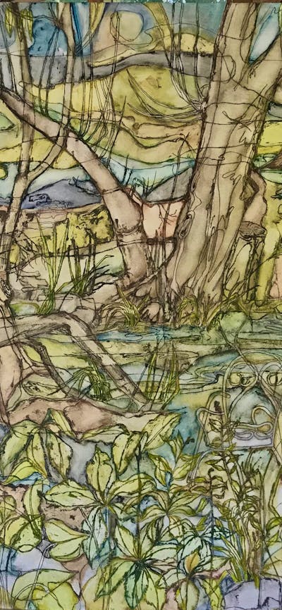 A translucent colour painting of willow trees that uses a technique of scratching into the surface
