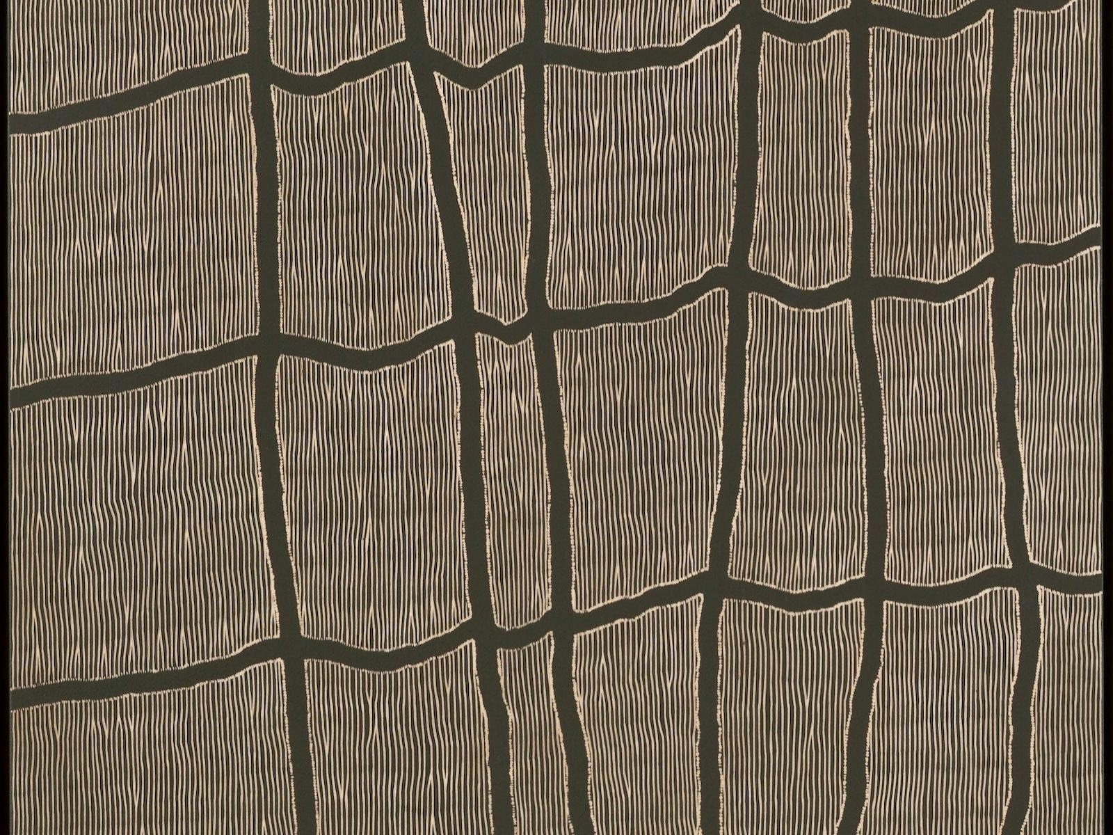 A wood relief carving with black background and taupe lines