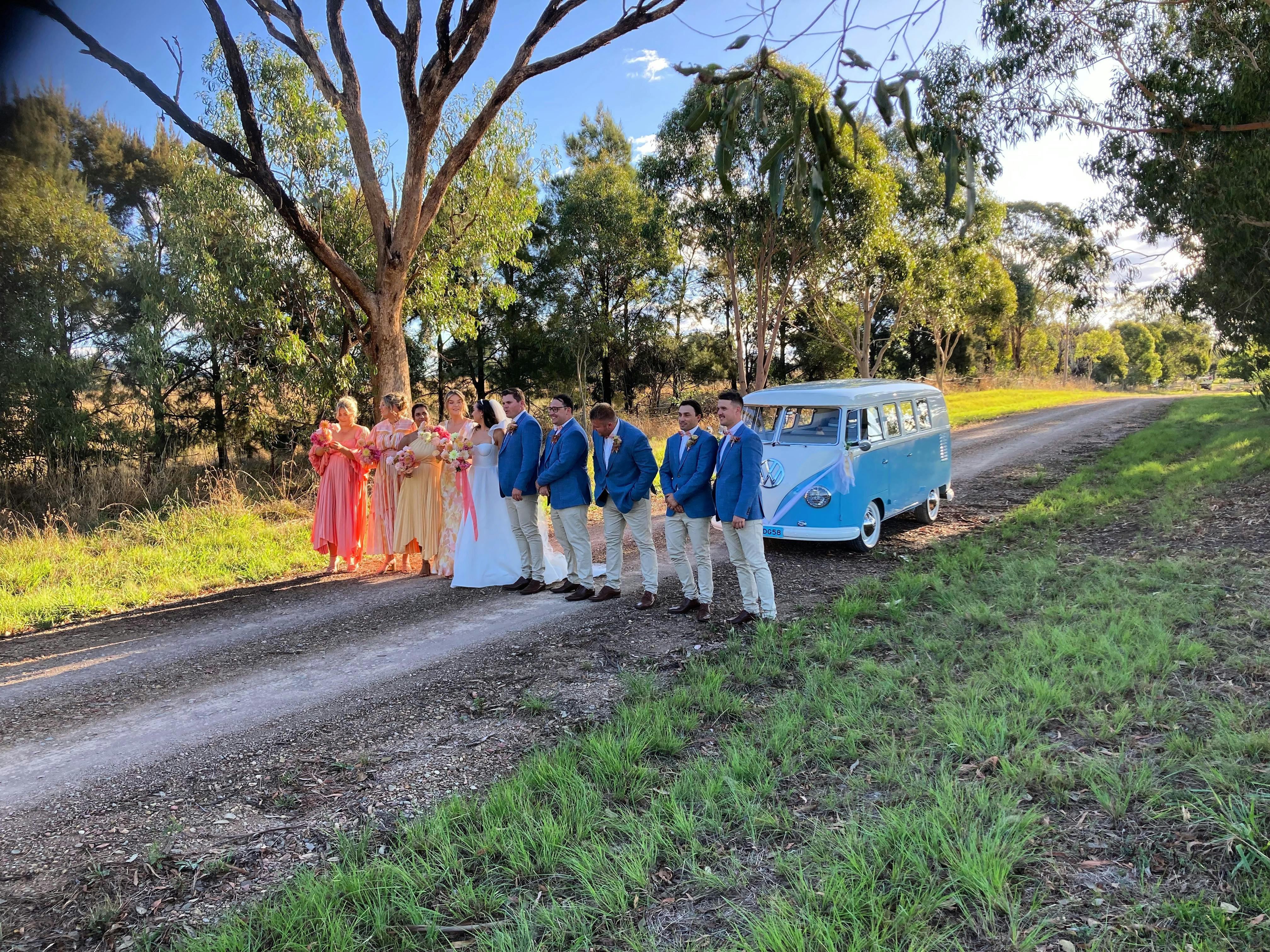 Blue Kombi with wedding party