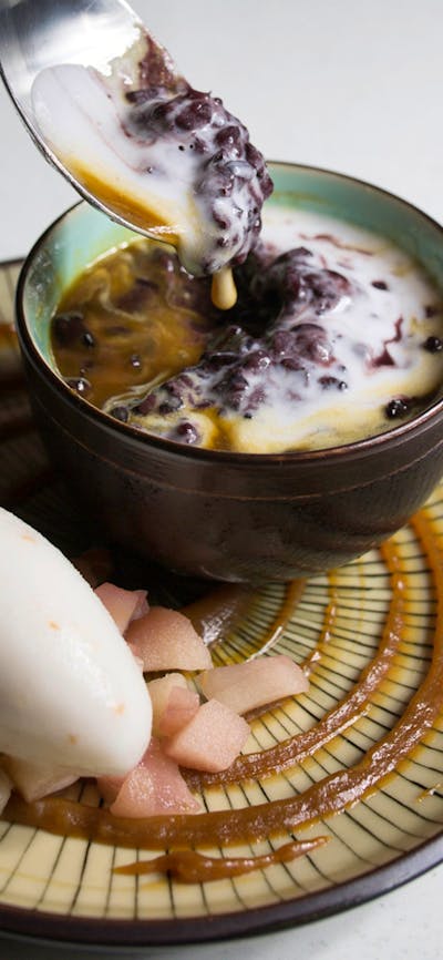 Black Rice Pudding w/ coconut cream, poached apple, lychee sorbet & butterscotch