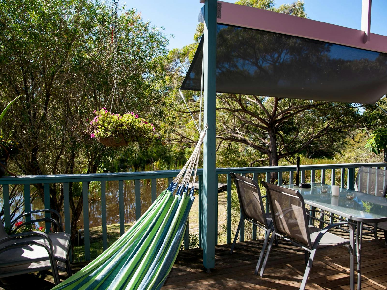 Hammocks, loungers on jetties or fire pits and stump seats...we have you covered for R & R