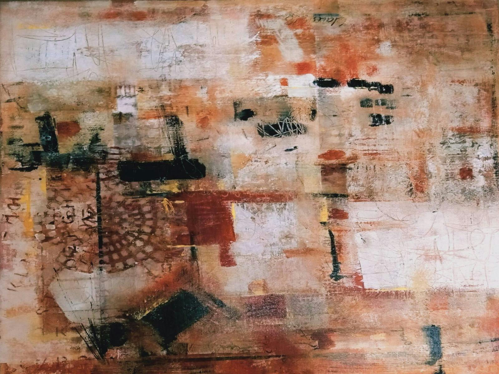 Acrylic on canvas painting, very abstract, evoking the feel of things hidden behind screens.