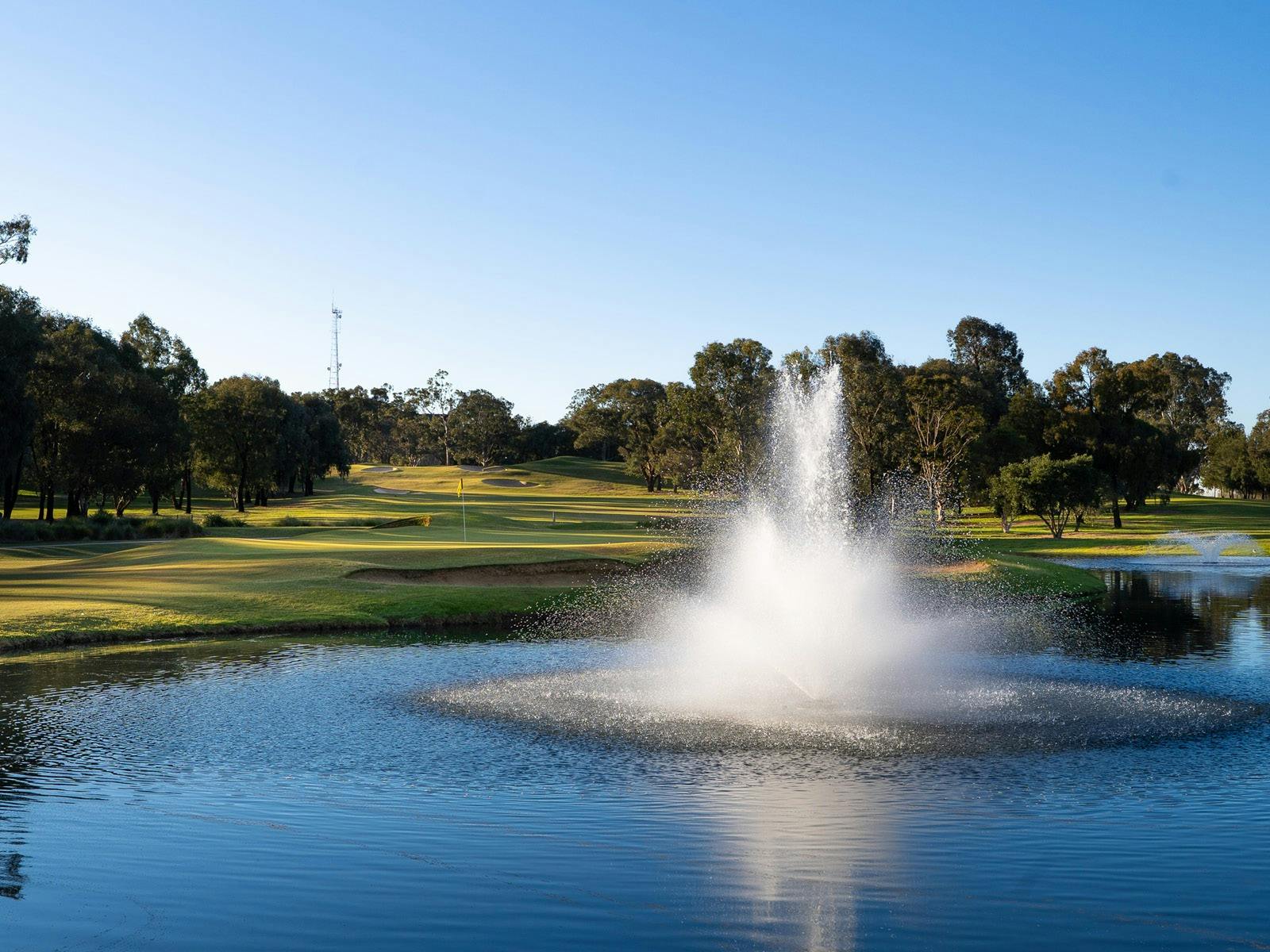 The fountains beside the Lake Course's 14th hole