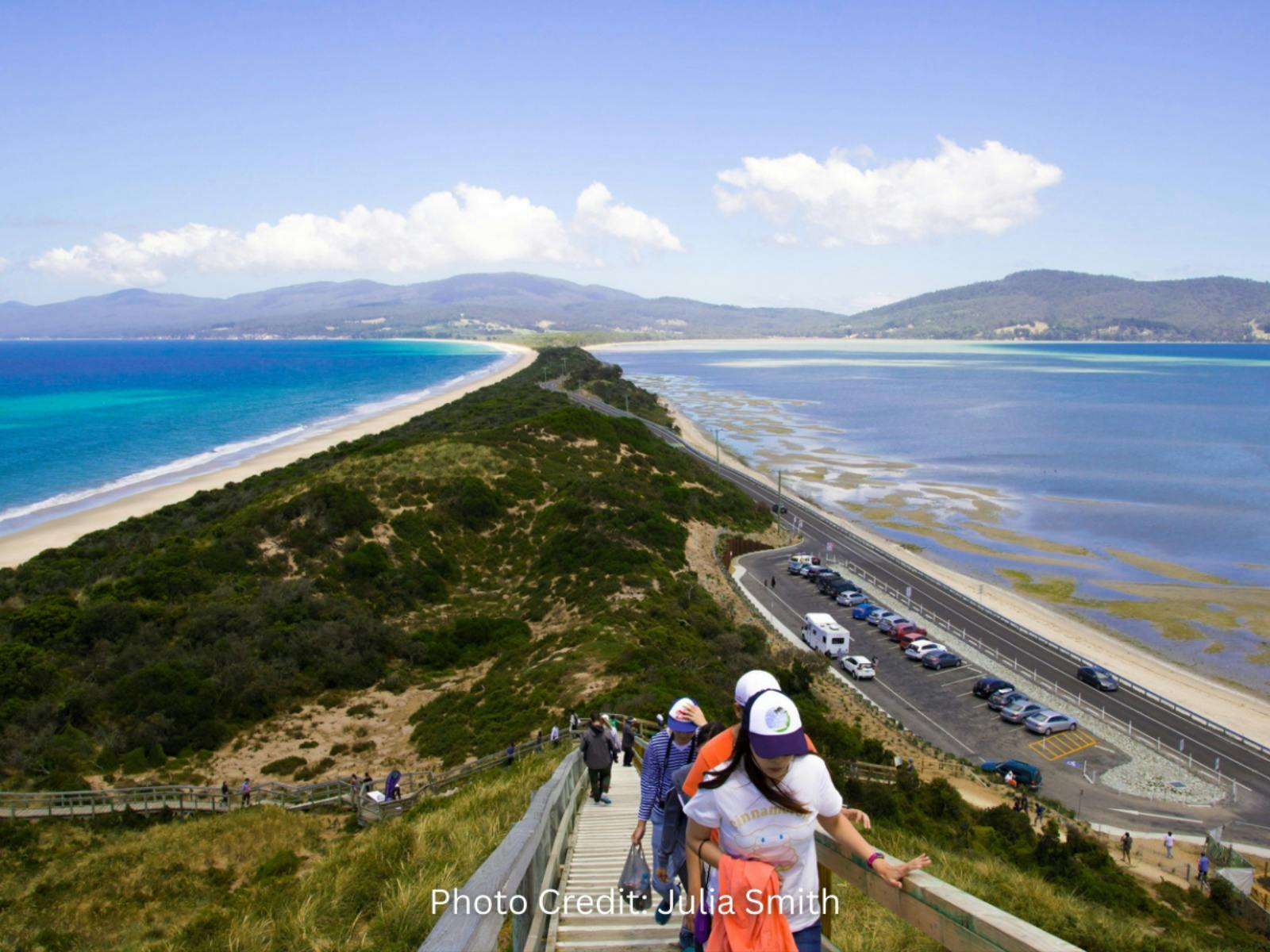 Group of people at The Neck Lookout, located at Bruny Island.