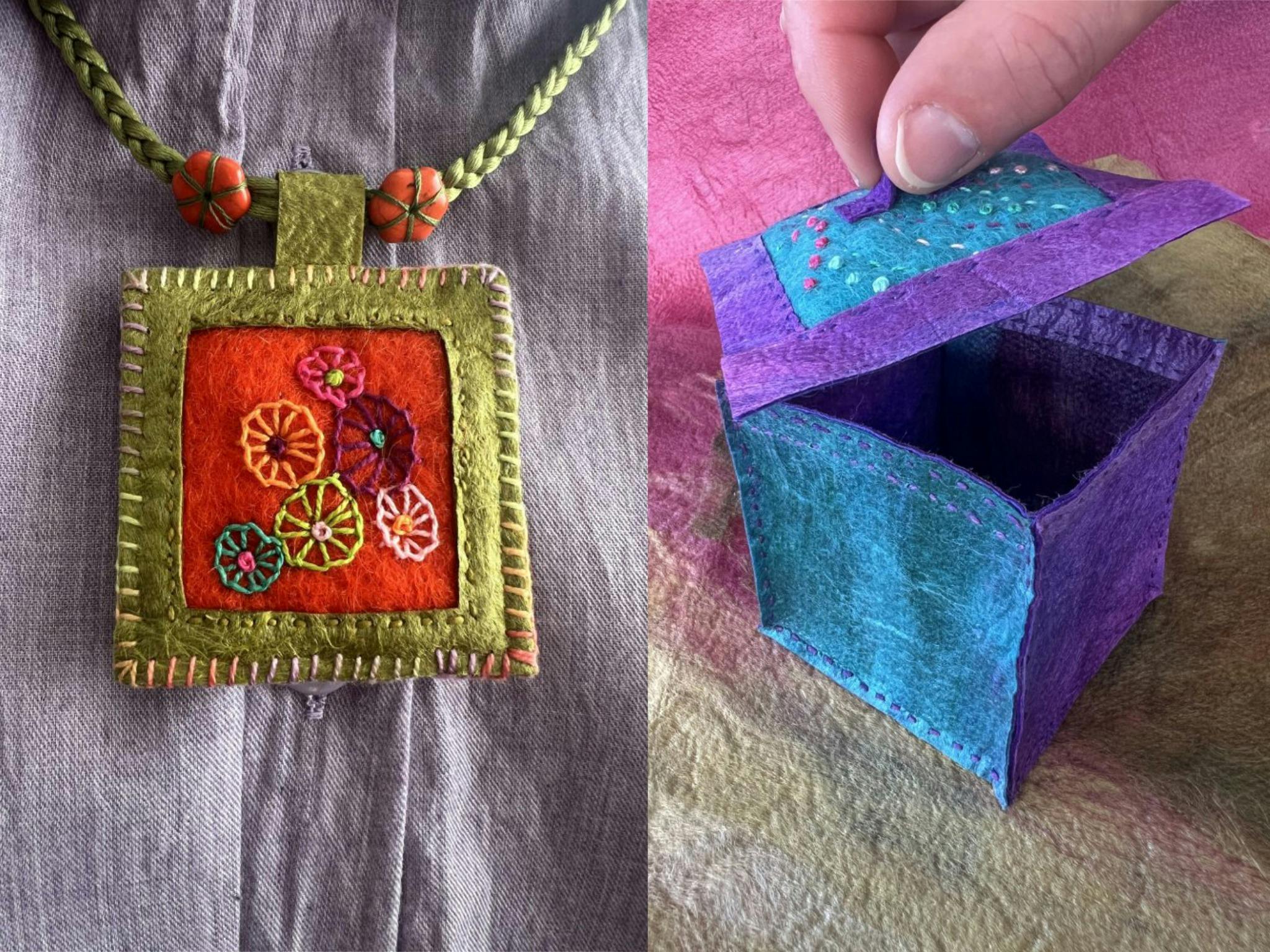 a pendant and small box constructed from hand-made silk paper