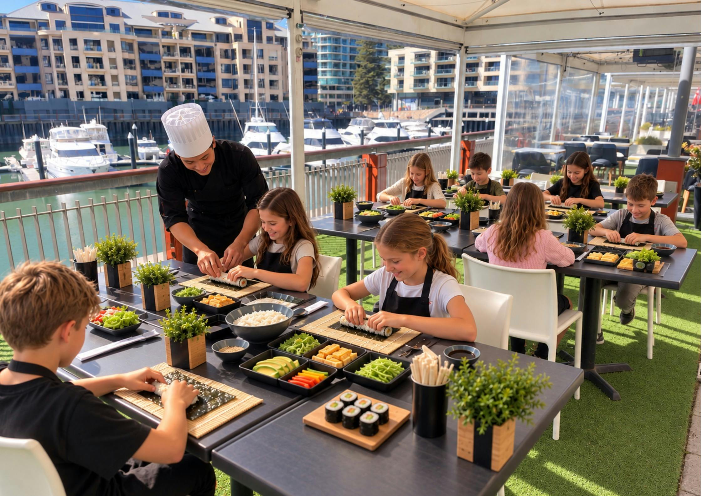 A group of kids sitting down making sushi with a chef in front of the marina pier