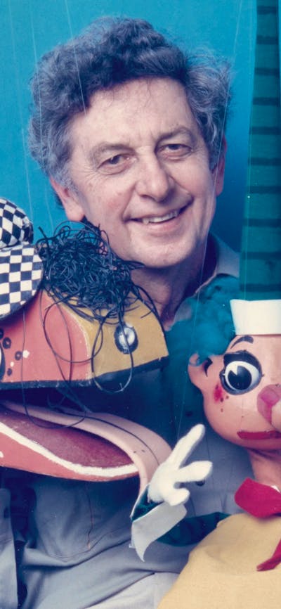 Norman Hetherington with puppets Bill Steamshovel, Mr Squiggle and Gus the Snail