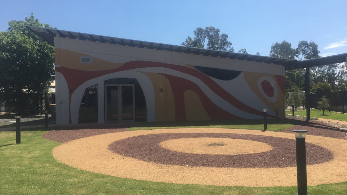 Indigenous landscaped outdoor area outside Harmony Centre