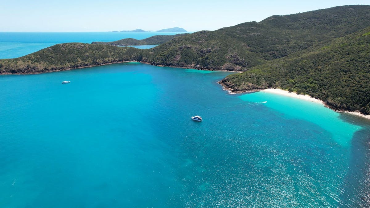 Aerial shot of Victor Bay with Endless Days vessel anchored