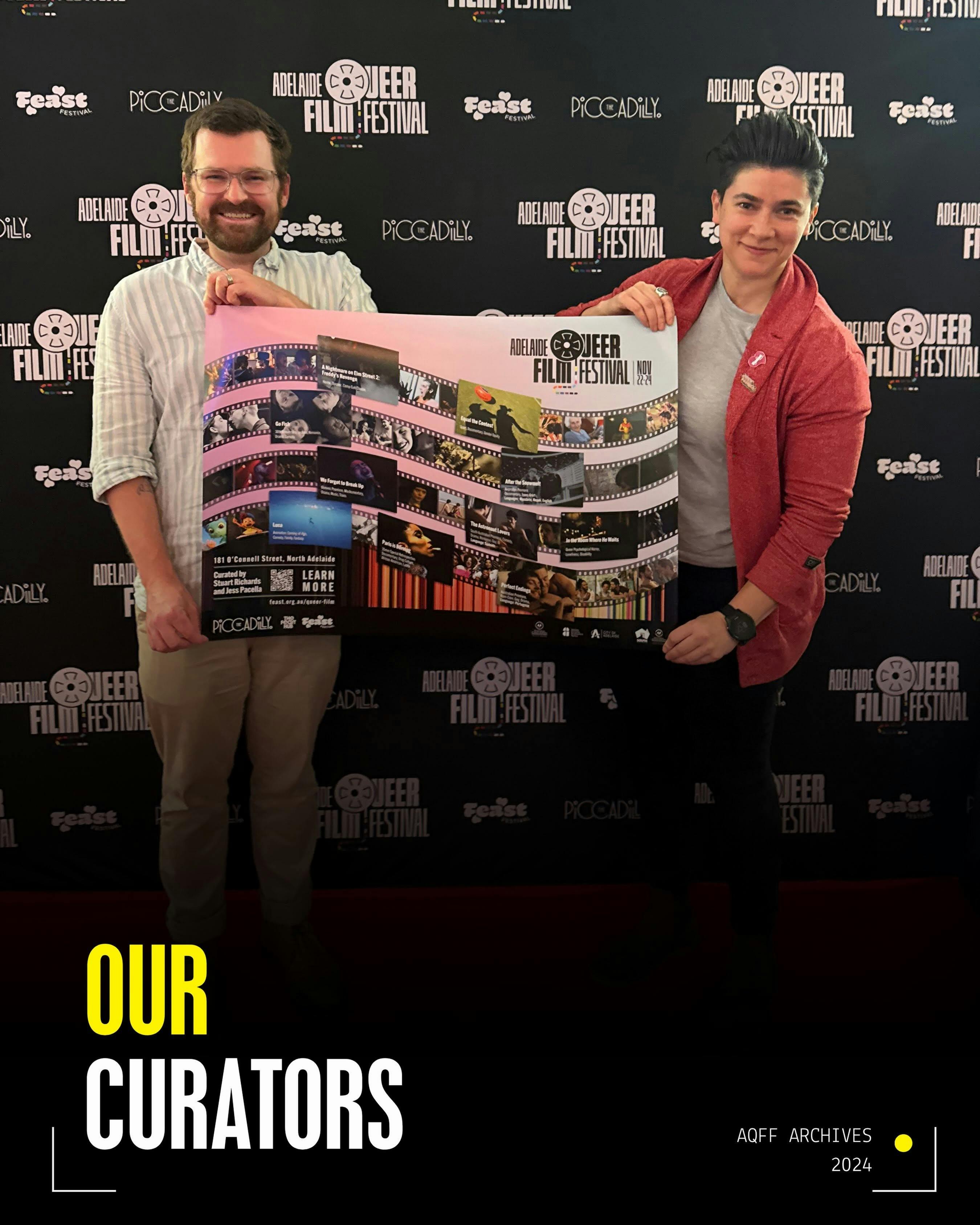 2 people holding a sign for the Adelaide Queer Film Festival