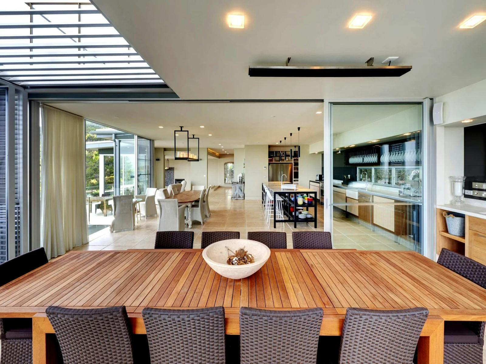 Elegant dining area with stylish furnishings and ambient lighting
