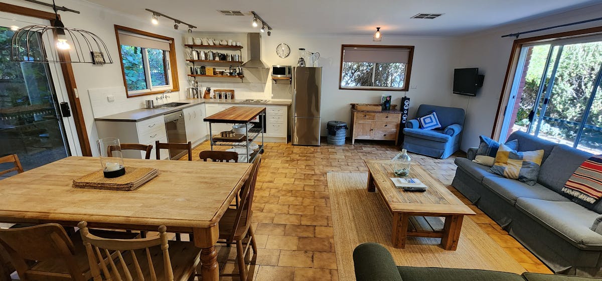 Kitchen and living area looking east
