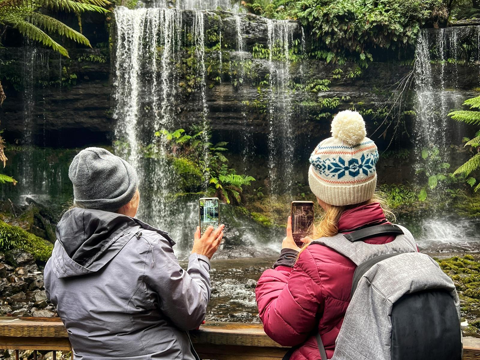 Soaking up the spectacle of Russell Falls from the viewing platform