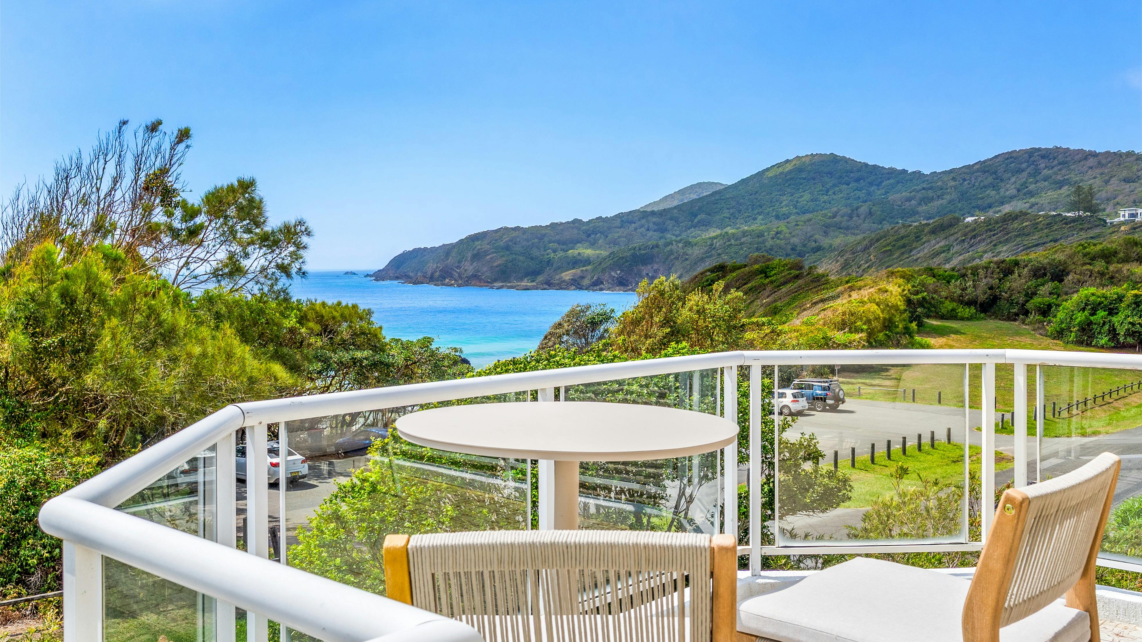 Balcony with ocean and mountain view