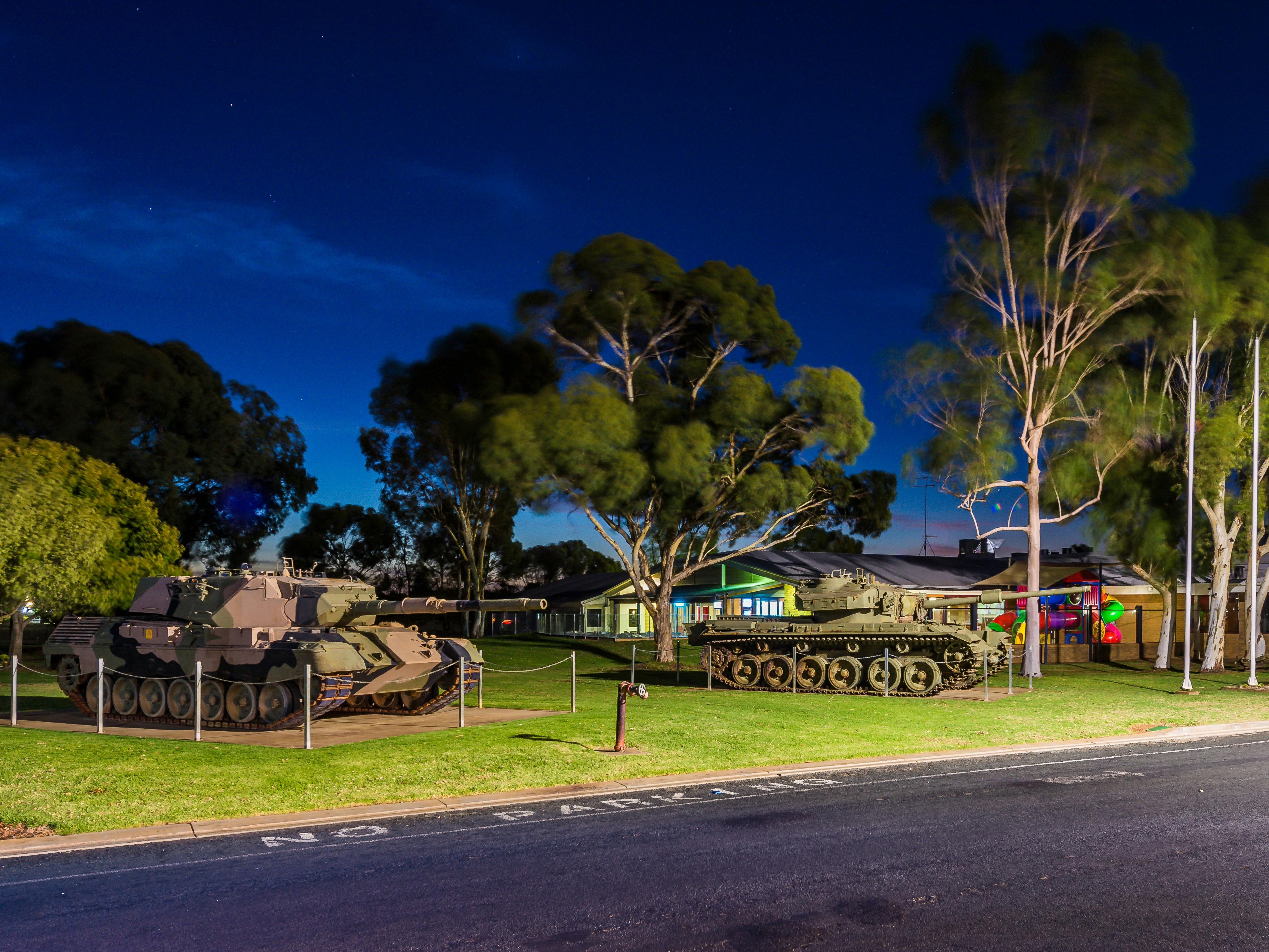 Nightime view of the Wartime Tanks at Moama RSL