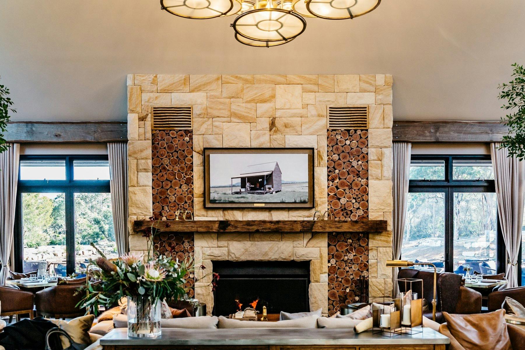 rustic fireplace country restaurant bar saddles