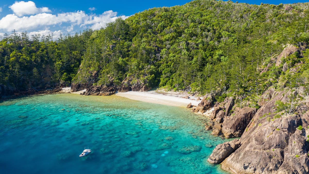 Aerial photo of a small bay surrounded by coral and the underwater sculptures