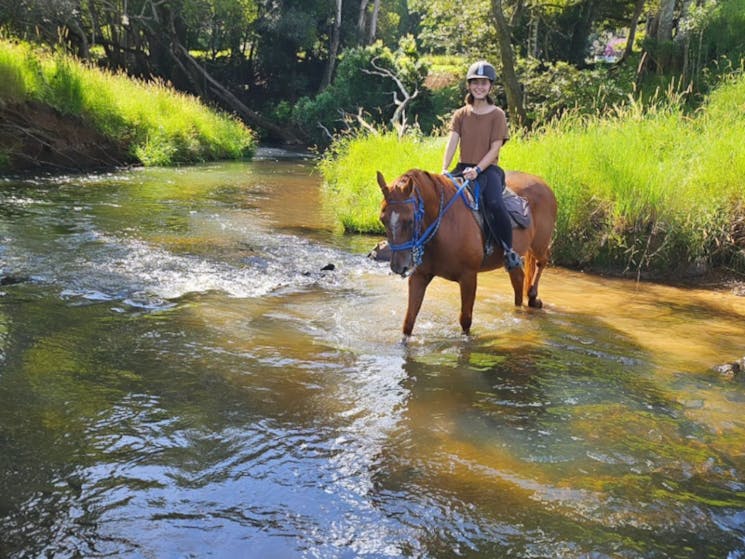 A young girl riding a horse through a creek