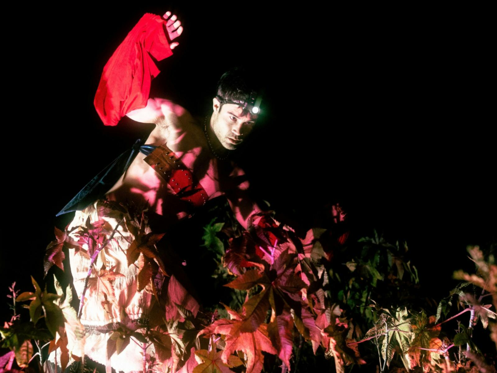 Performer Marcus Whale is surrounded by leaves and is holding his arm up with a torch on his head
