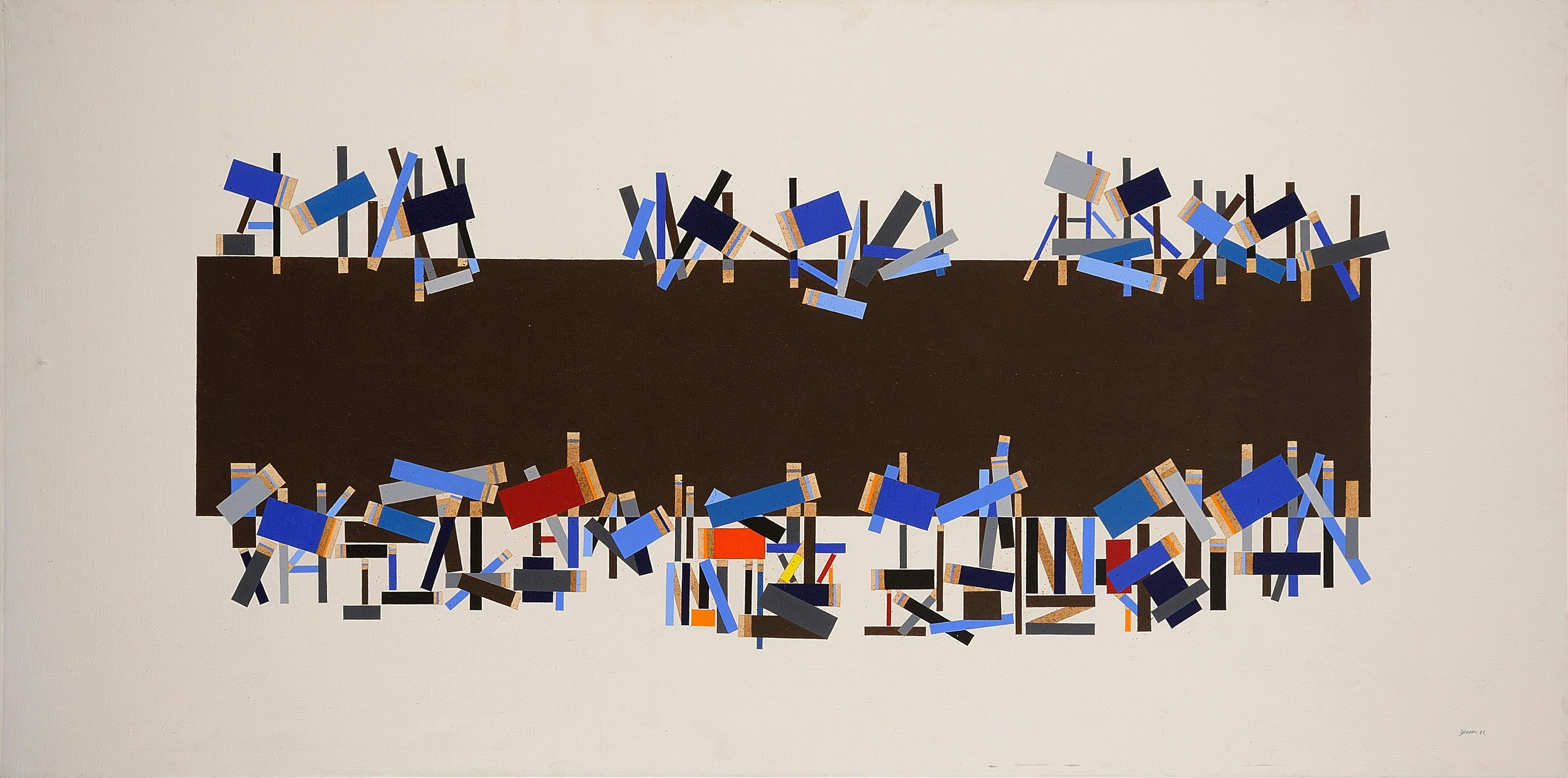 Blue, black and red marks flank a deep brown stripe horizontally laid across a pale canvas