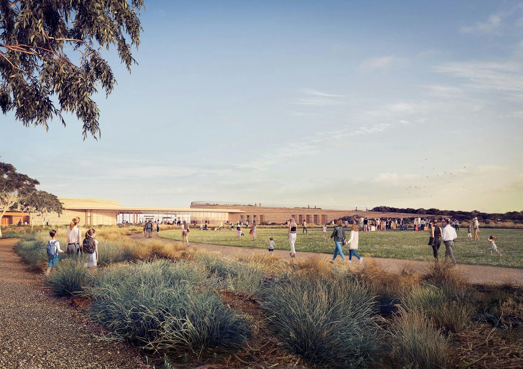 Twelve Apostles Visitor Centre Render of visitors approaching the entrance