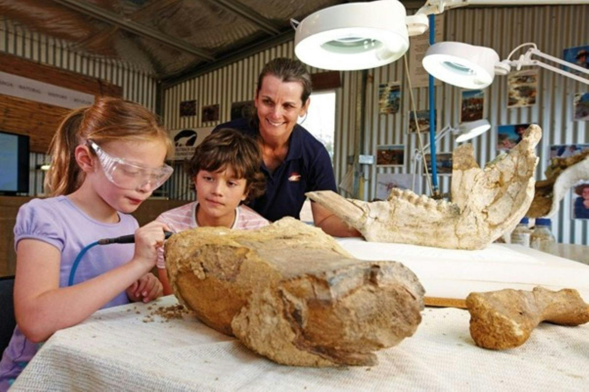 Kids explore dinosaur fossils at the Eromanga  Natural History Museum