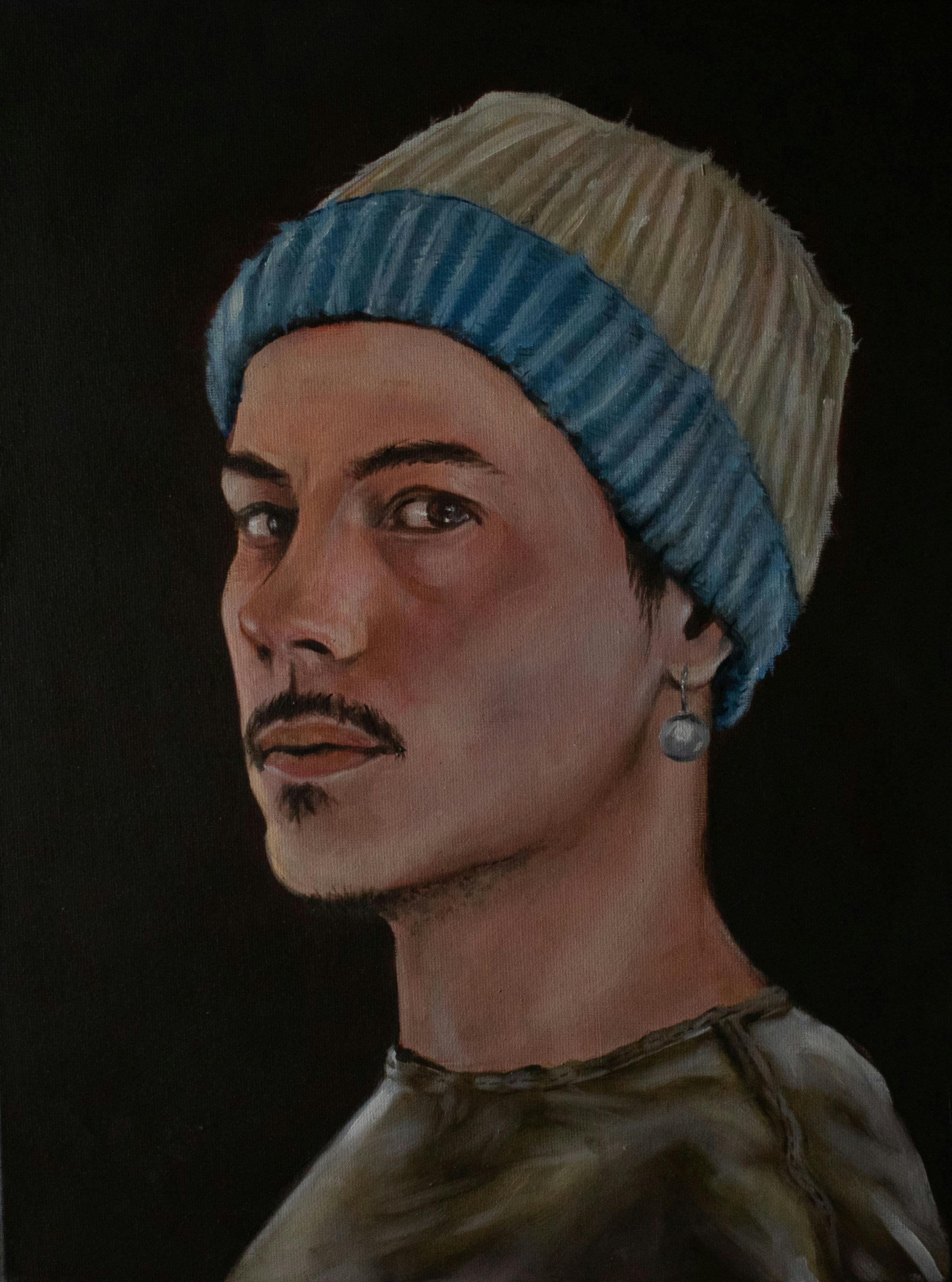 A painting of a man wearing a beanie and a pearl earring.