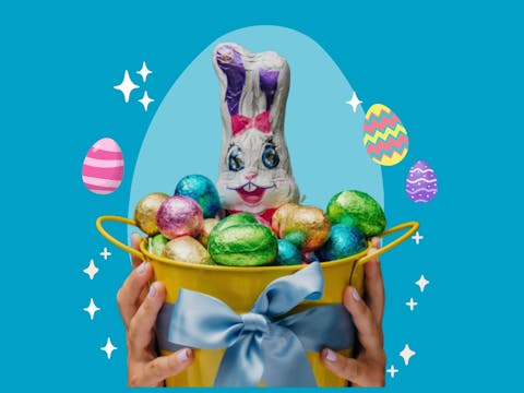 Annual Easter Raffle. Image of chocolate easter eggs in a basket.