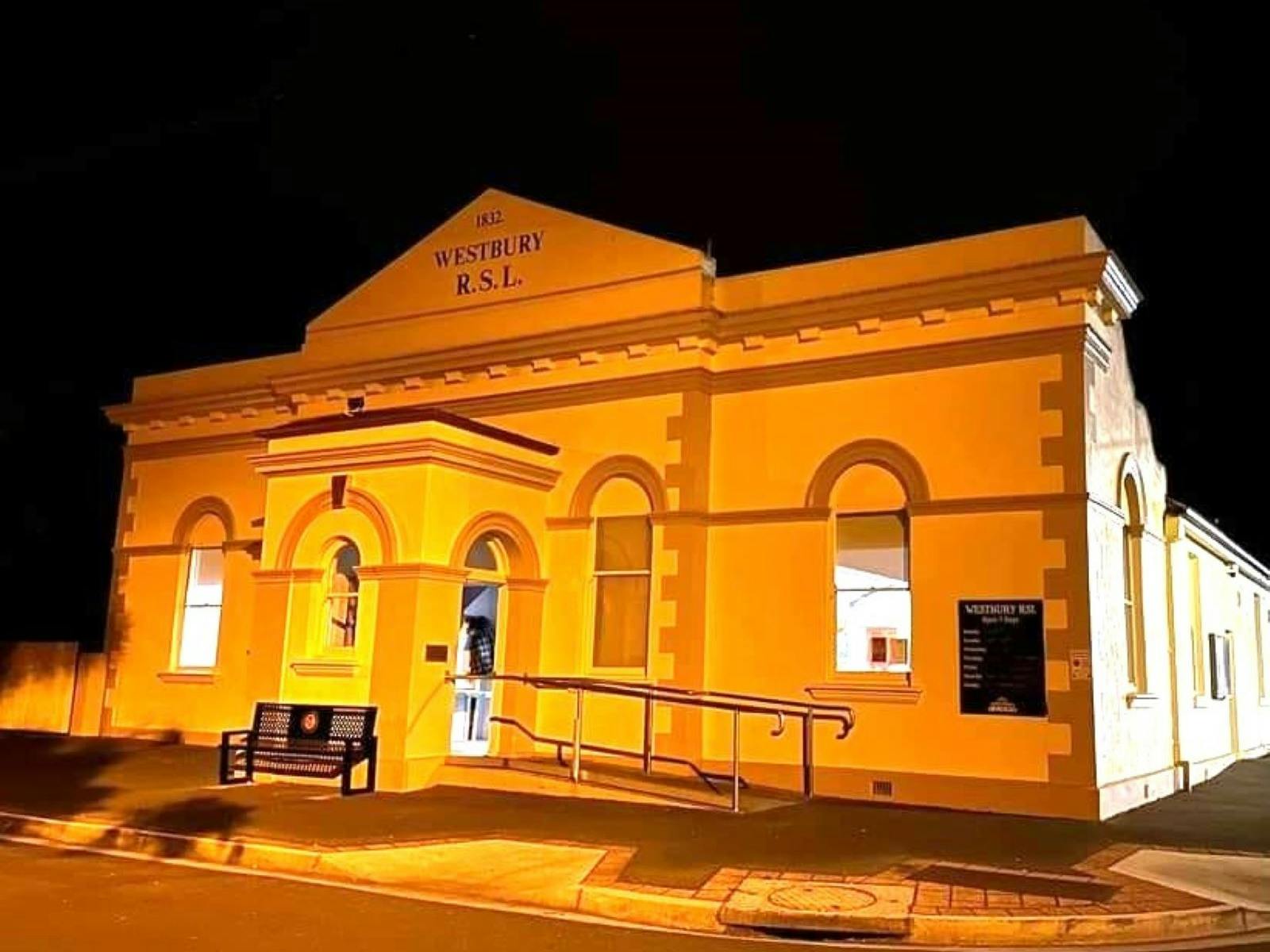 Historic Westbury RSL building  front exterior at night