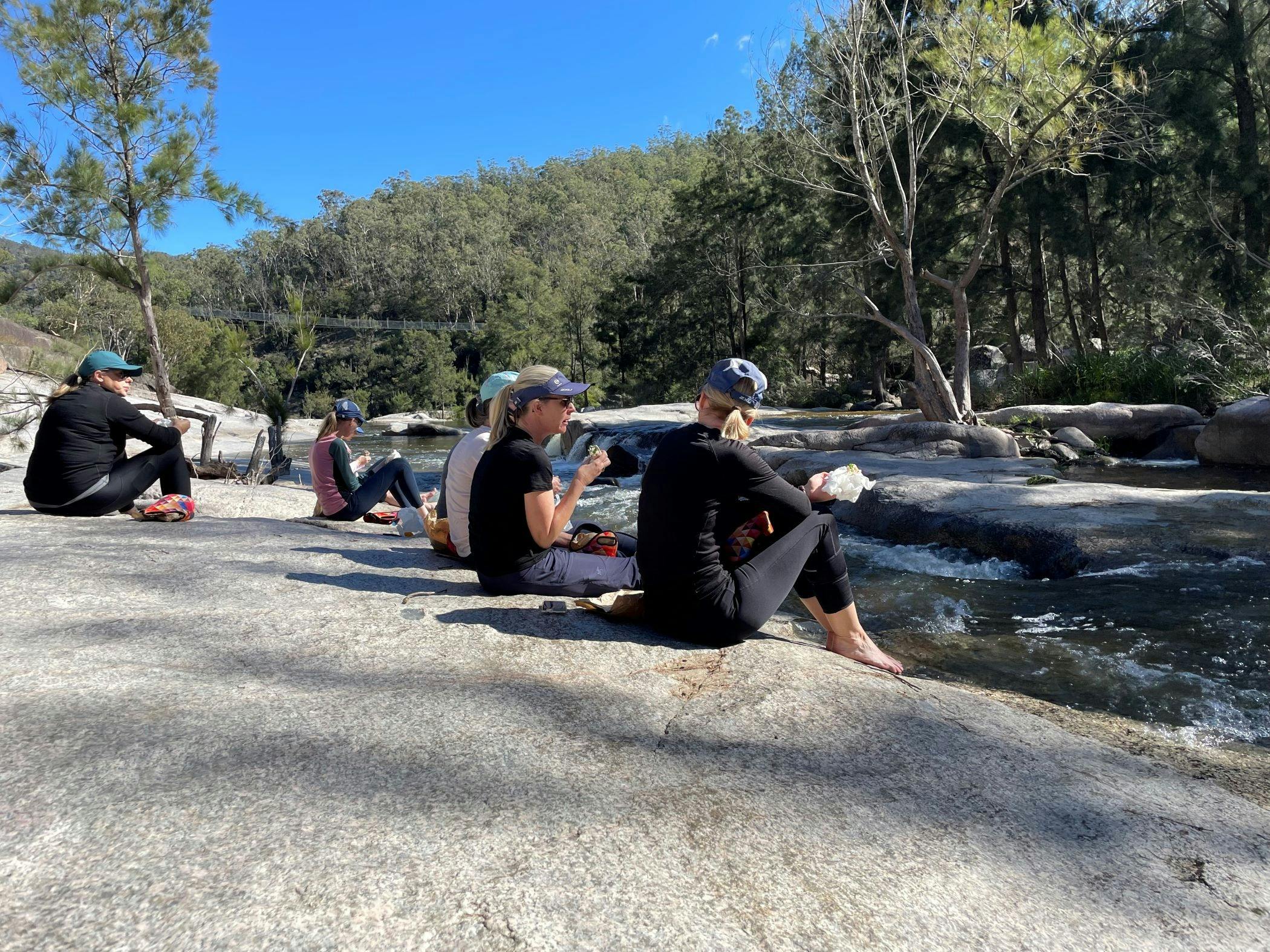 Group dipping their feet in the river