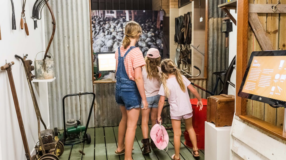 Three kids exploring a shed display