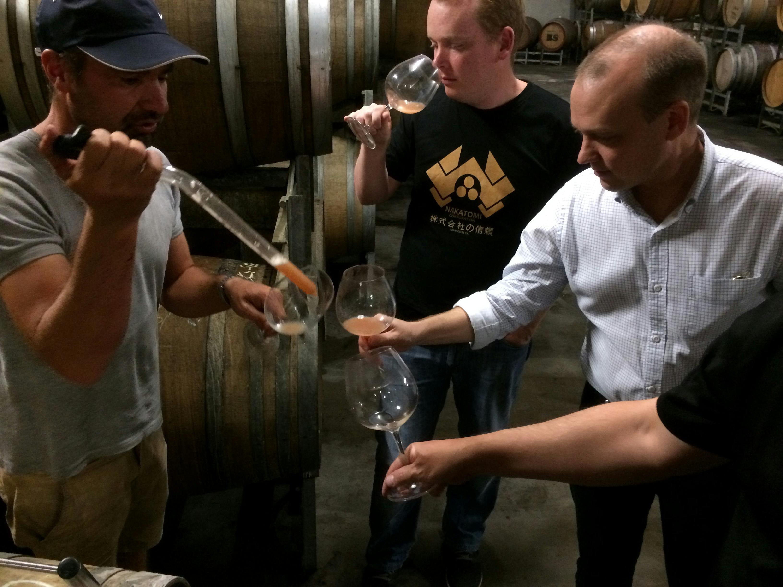 Winemaker in underground cellar holding wine syphon while serving into guests' tasting glasses.