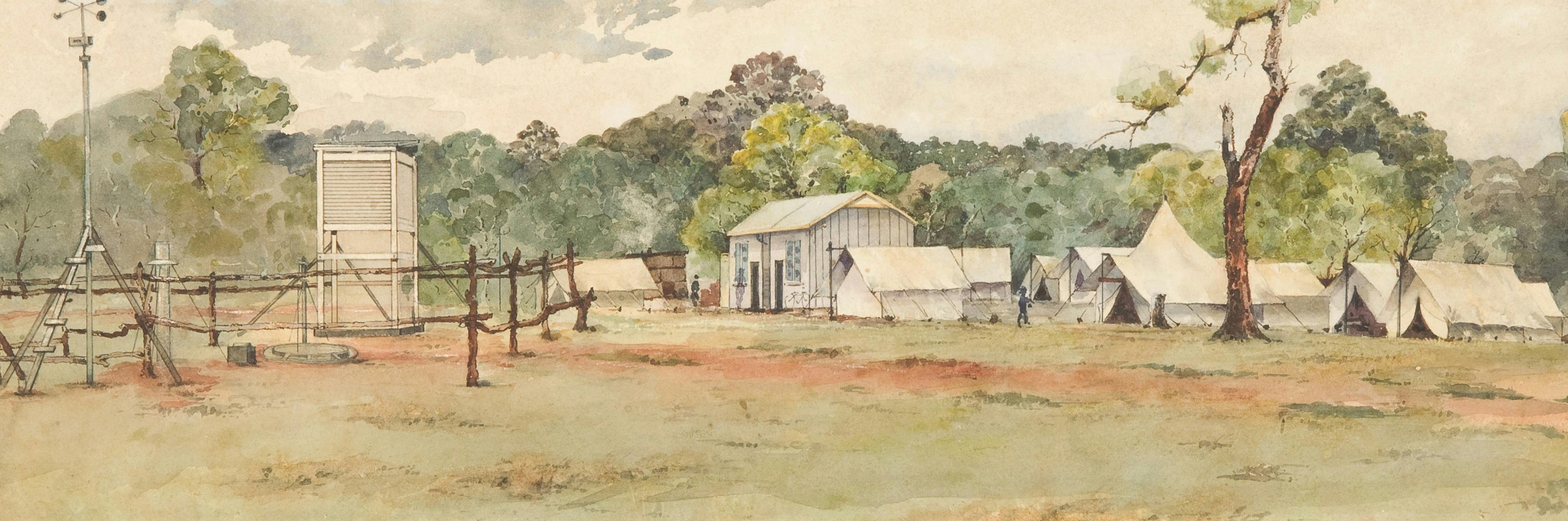 Watercolor painting of a bush camp with tents and a small shack