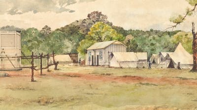 Watercolor painting of a bush camp with tents and a small shack