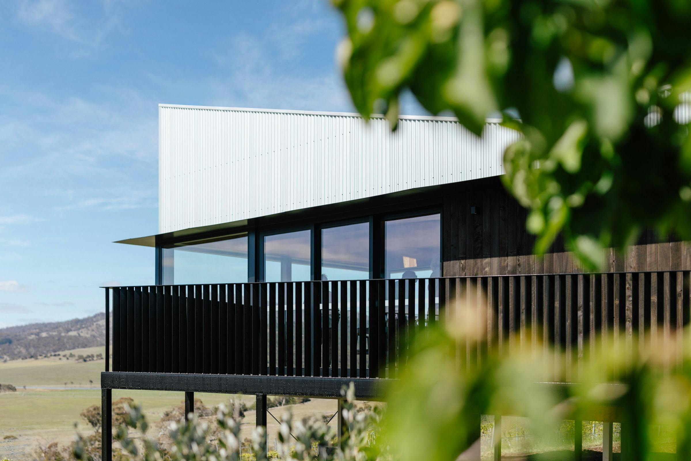 View of the Tasting Room from the Orchard showing architectural details