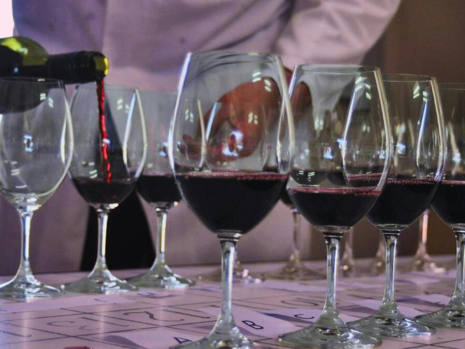 Wine glasses on a table, having a red table wine poured into them for tasting by the Public.