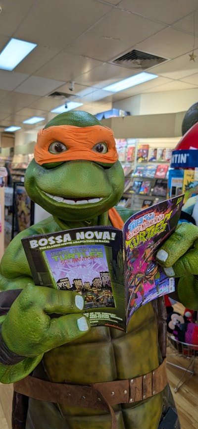 A Ninja Turtle reads a comic book in Impact Comics store