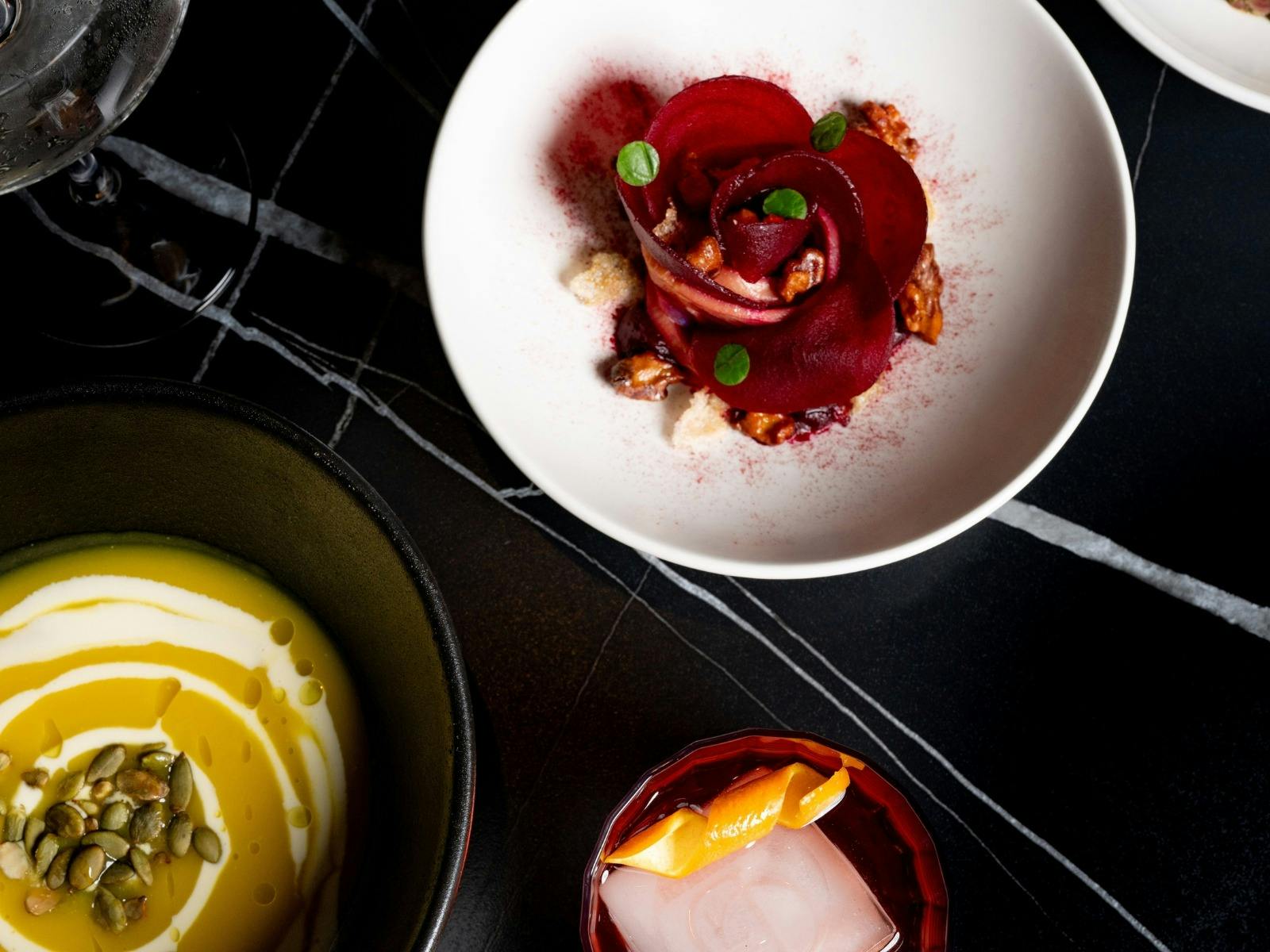 Soup and baby beetroot salad