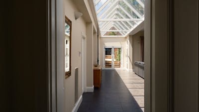 A large room with a glass atrium