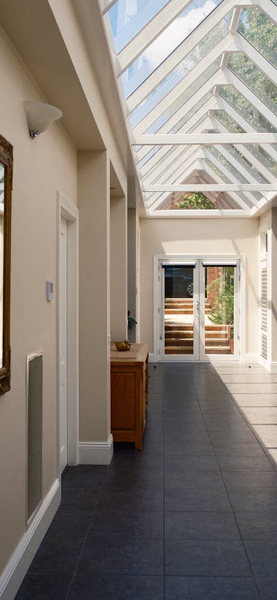 A large room with a glass atrium