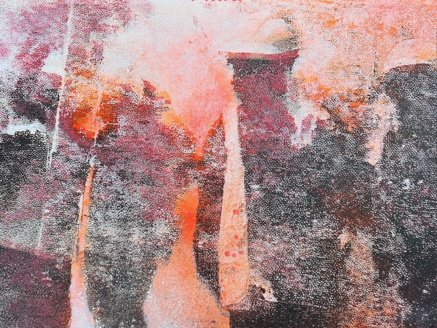 Outline of men in industrial protective clothing against a grainy orange and black background